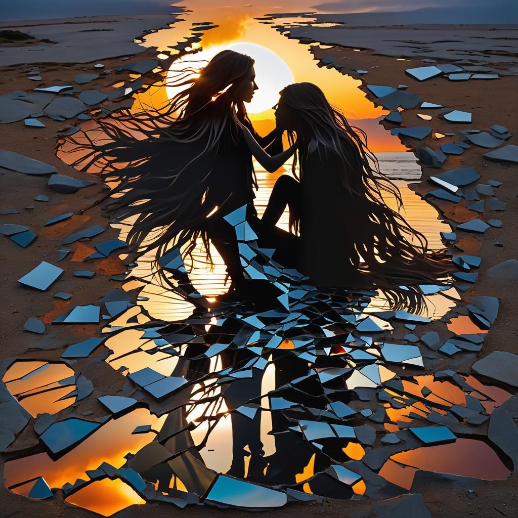 Surreal Fragmented Sculpture of Woman at Sunset