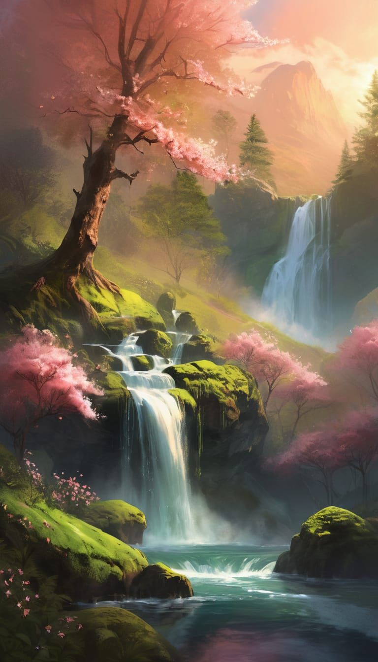Enchanting Spring Waterfall with Fox in Golden Hour