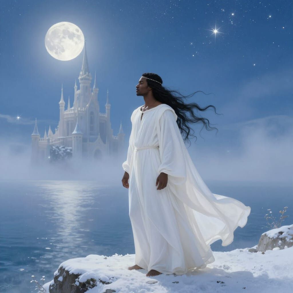 Man in White Garment Overlooking Ethereal Castle Landscape