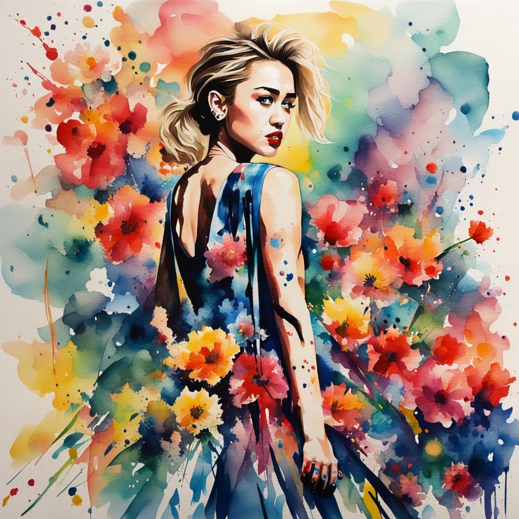 Woman in Floral Dress, Watercolor Abstract Art