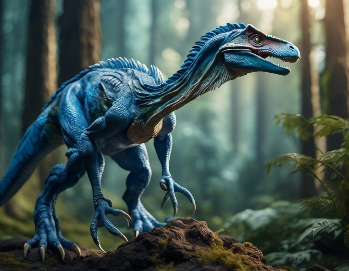 Blue Velociraptor with Dragon Features in Forest
