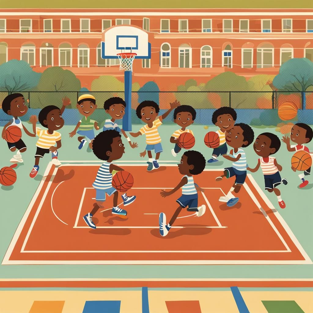 Children Playing Basketball in Engelbreit Style