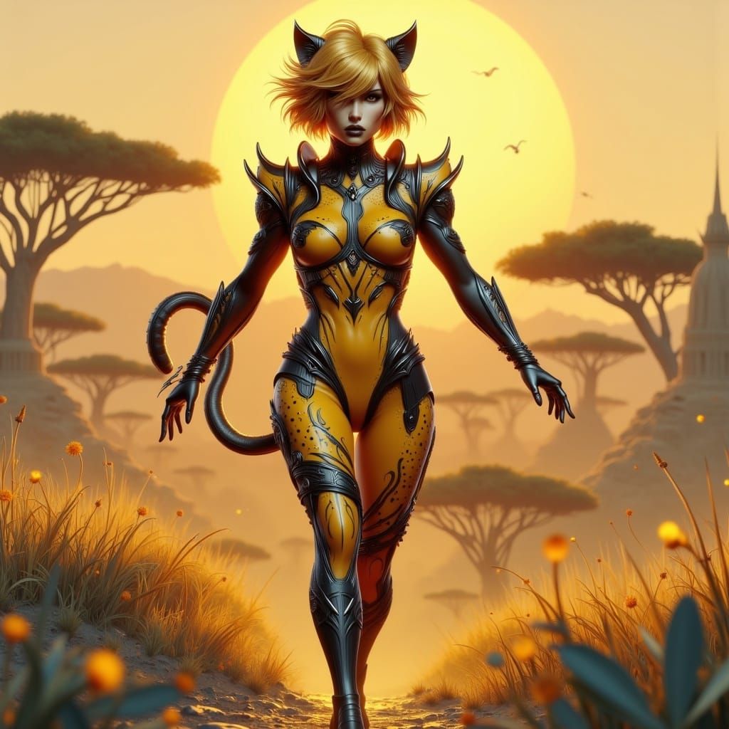 Cheetah Heroine Runs Across Savannah in Art Nouveau Punk