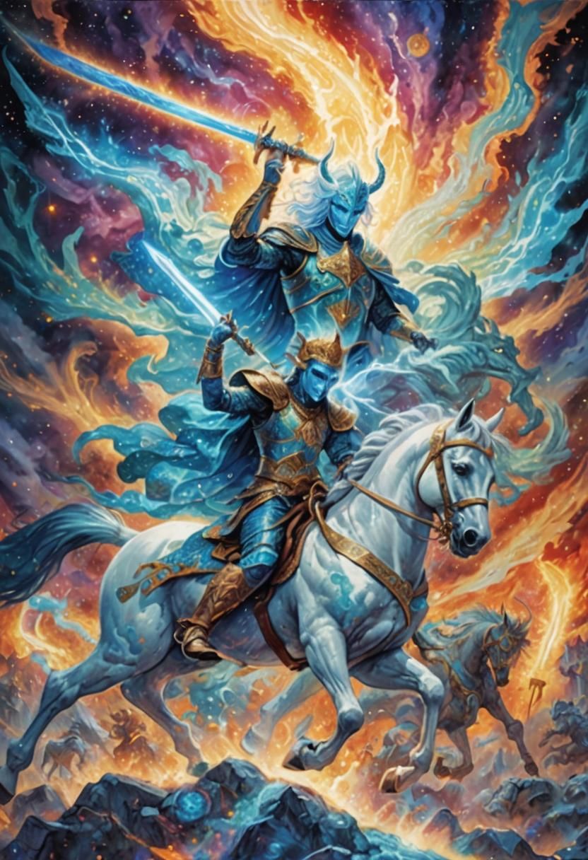 Blue Warrior on White Horse Battles Demons