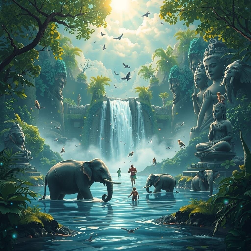 Lush Jungle Scene with Elephants and Balinese Statues