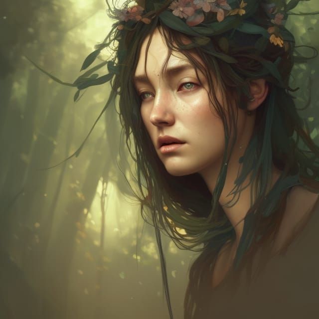 Detailed Portrait of Forest Mother in Art Nouveau Style