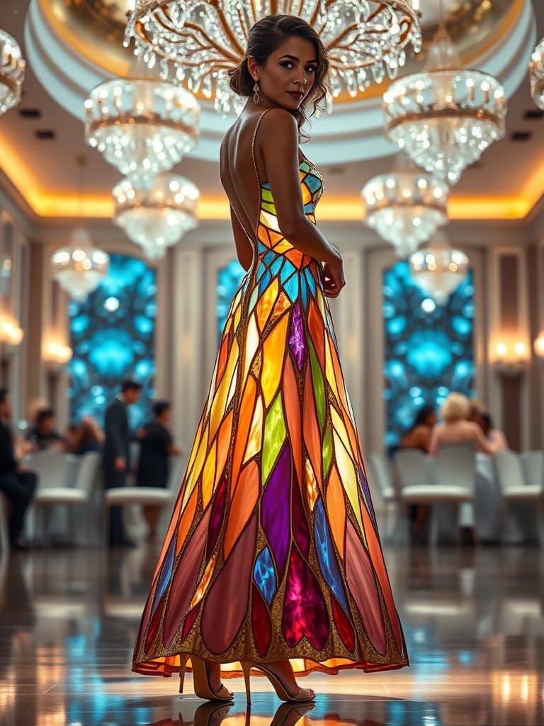Elegant Woman in Stained Glass Gown, Luxury Ballroom
