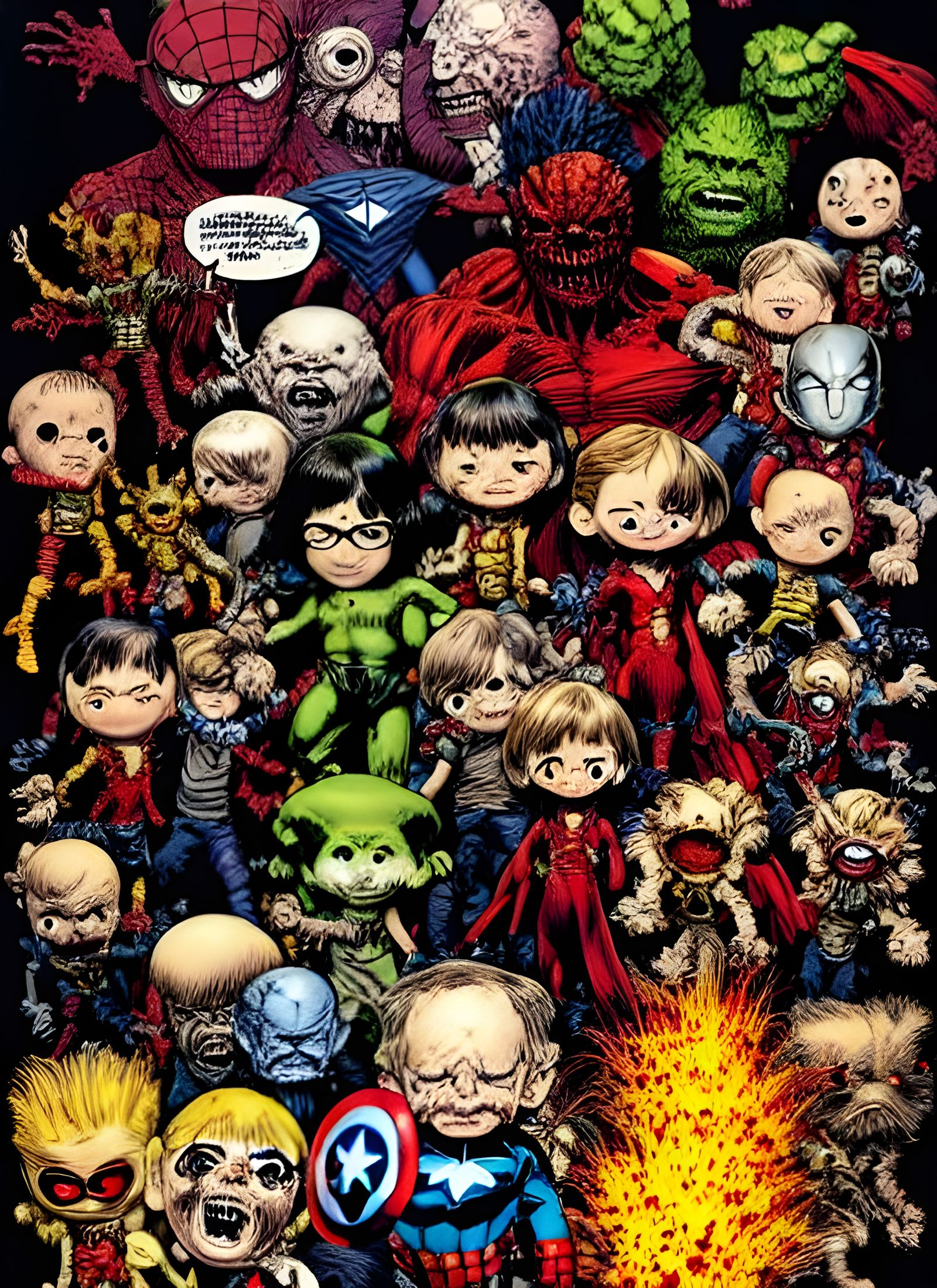 Sinister Chibi Marvel Superheroes in Horror Comic Style