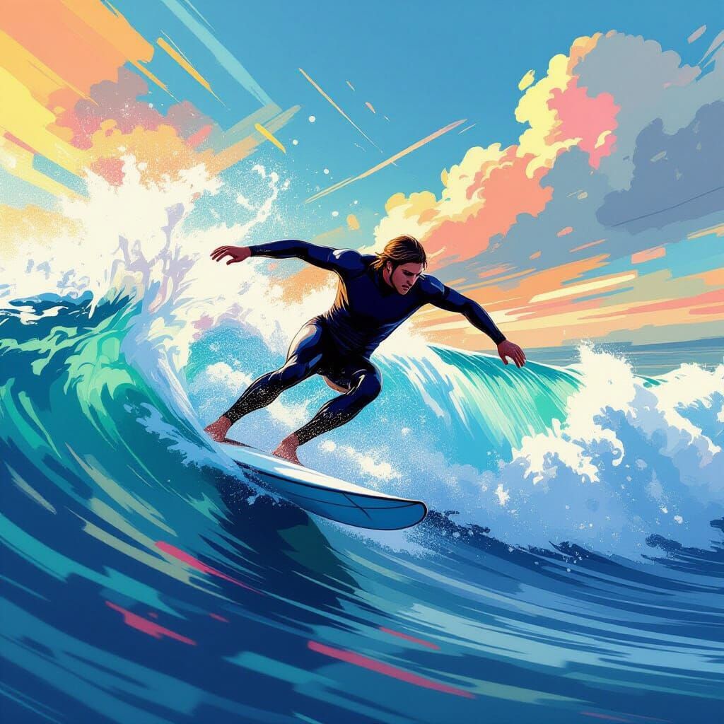 Surfers' Mid-Air Somersault in Dynamic Digital Painting Styl...