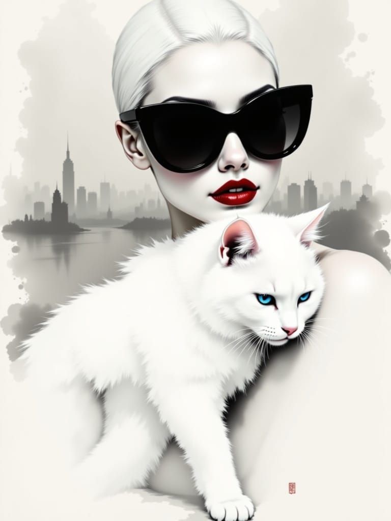 Ethereal Woman with White Cat in Monochromatic Cityscape