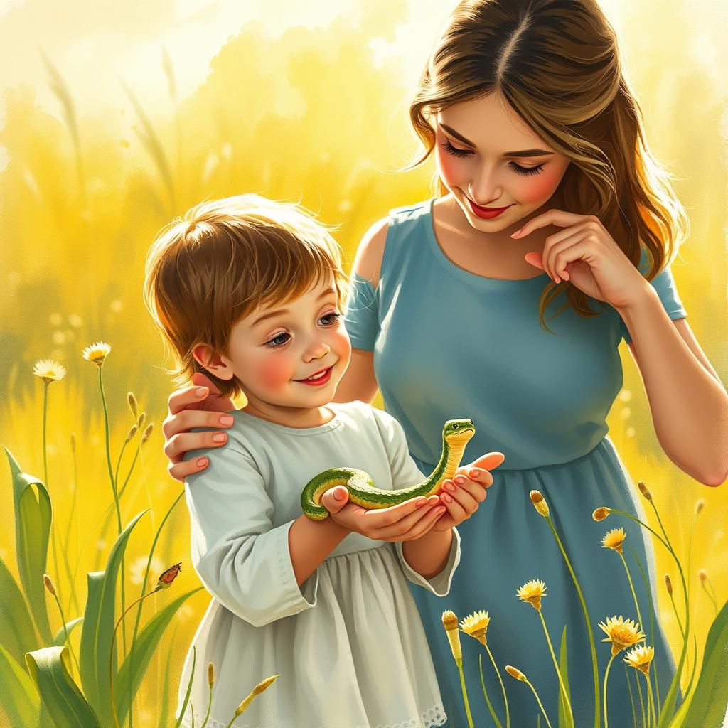 Child with Grass Snake in Lush Meadow