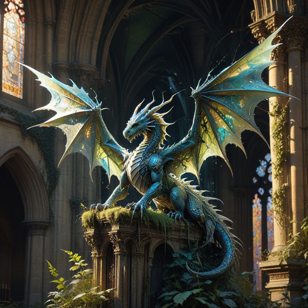 Crystal Dragon Perched Atop Gothic Cathedral