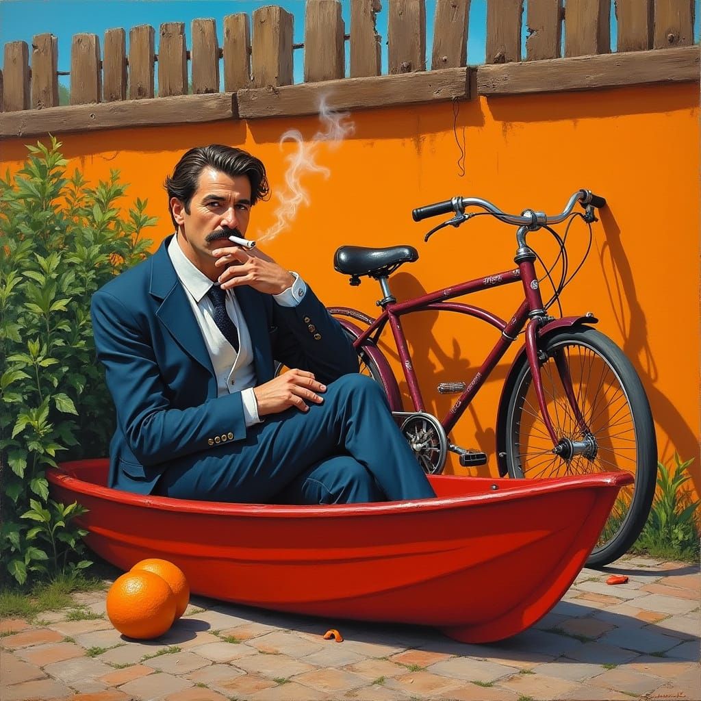 Elegant Gentleman Smokes in Red Barge Amidst Nature