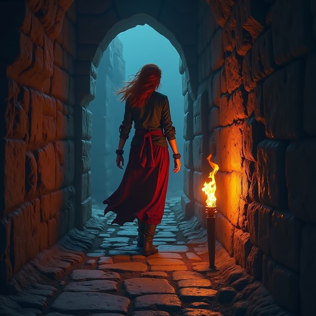Redhead Rogue in Dark Passageway with Torchlight