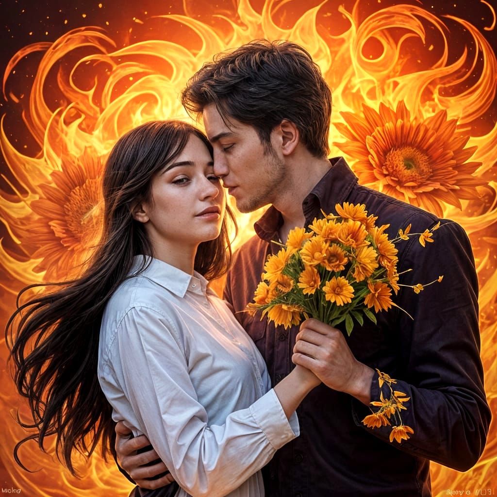 Passionate Embrace Among Fiery Flowers