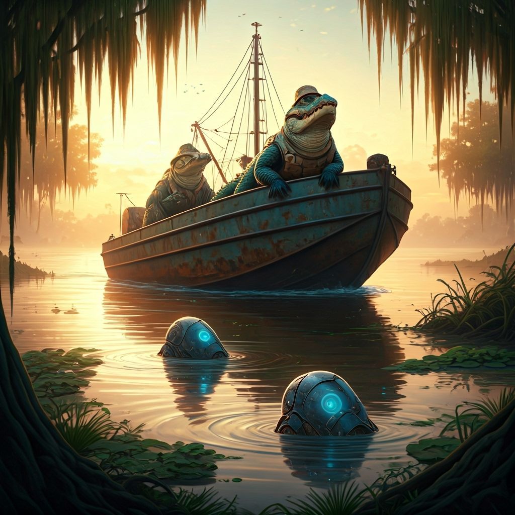 Alligators Capture Robots in Misty Swamp, Photorealistic Sty...