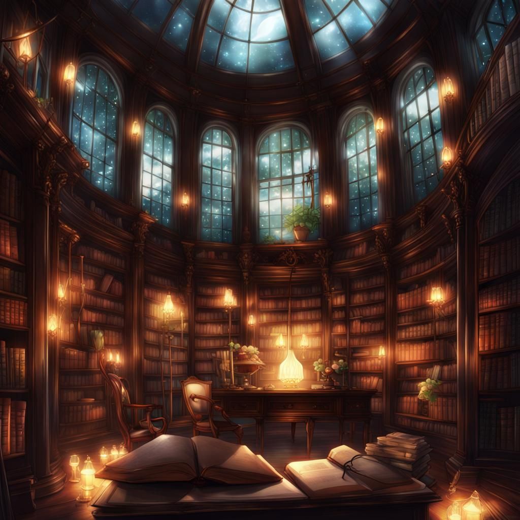 Enchanted Library with Antique Books and Moonlight