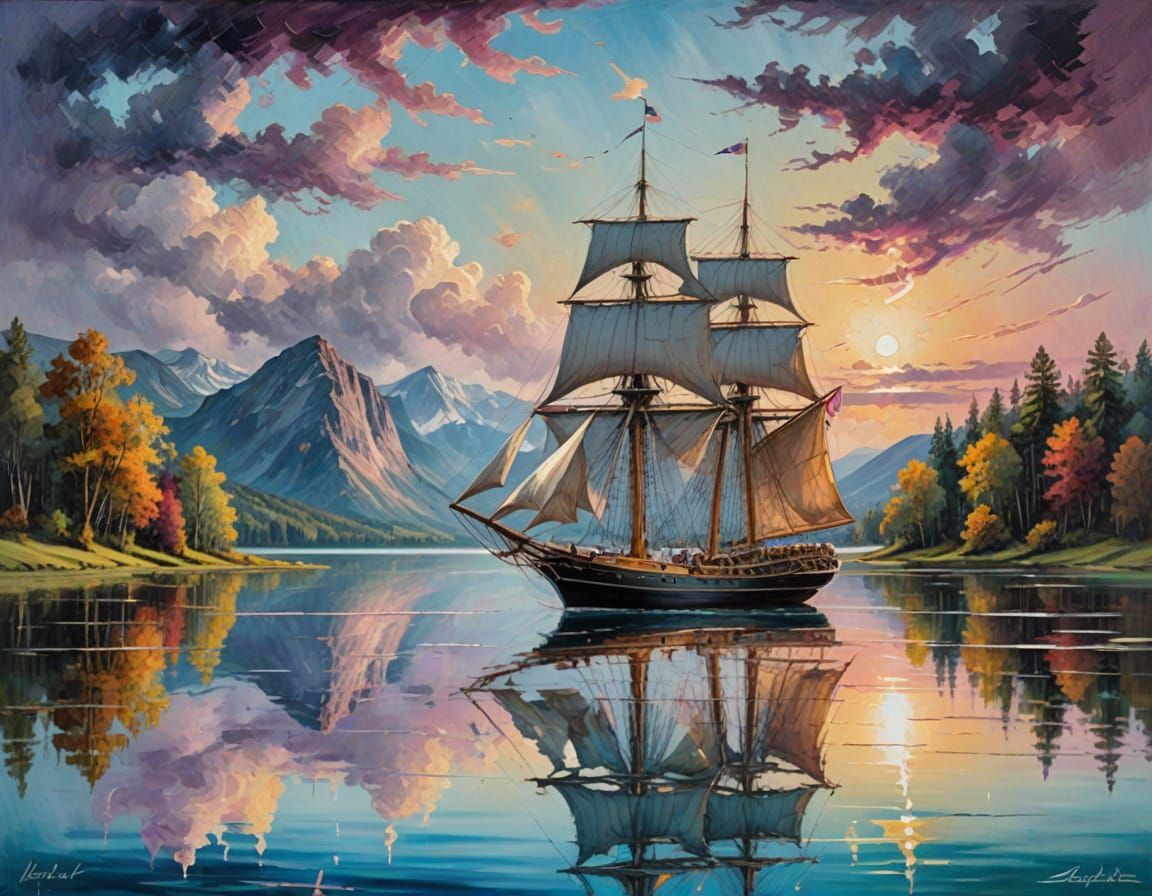 Vibrant Lake Masterpiece in Oil Paint Style