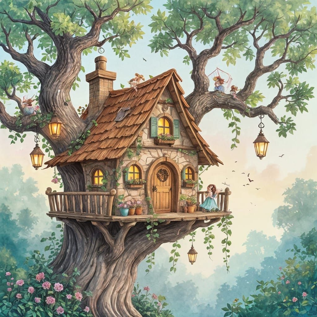 Magical Treehouse in Watercolor Style