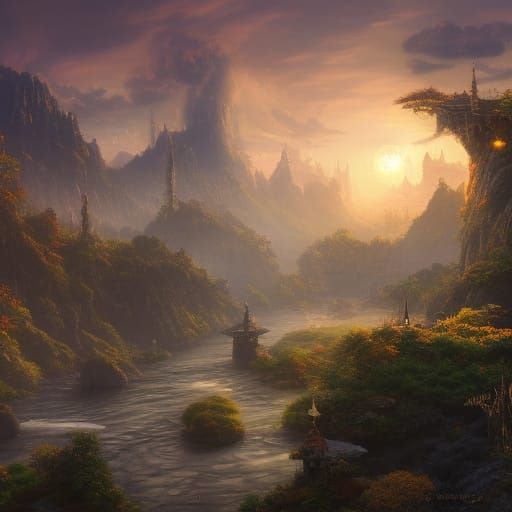 Fantastical Sunrise: Detailed Matte Painting in Deep Color