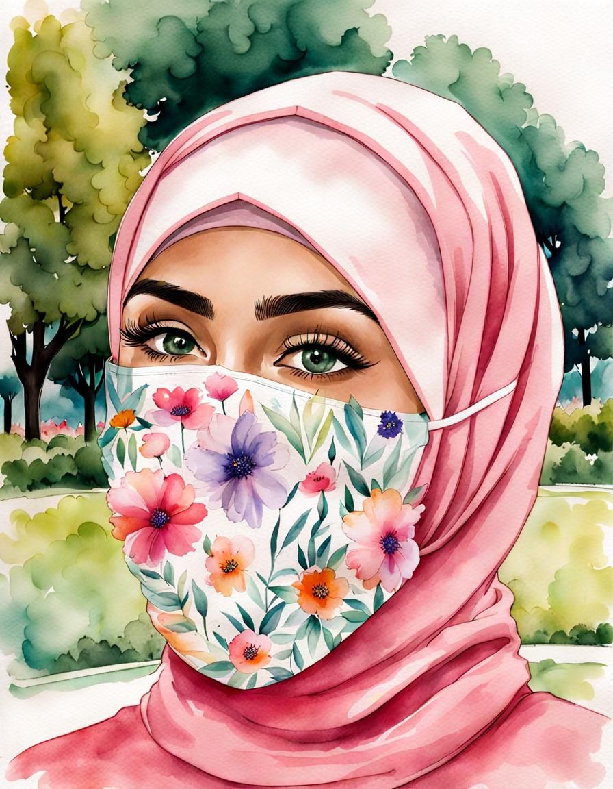 European Hijabi Woman Portrait in Watercolor Style