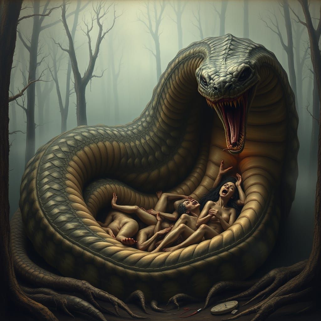 Surreal Nightmarish Scene of a Grotesque Serpent Devouring V...