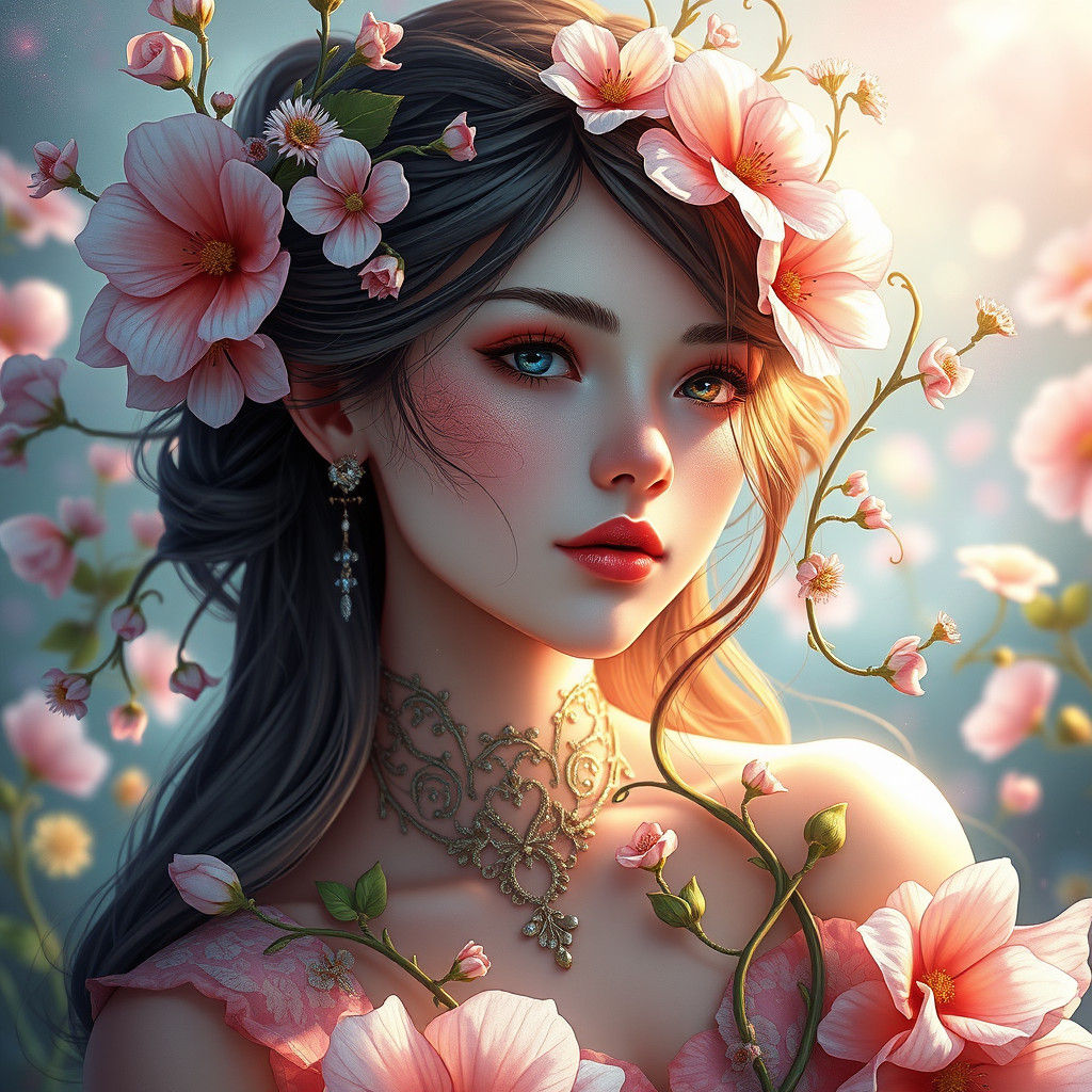 Ethereal Flower Girl Portrait in High Fantasy Style
