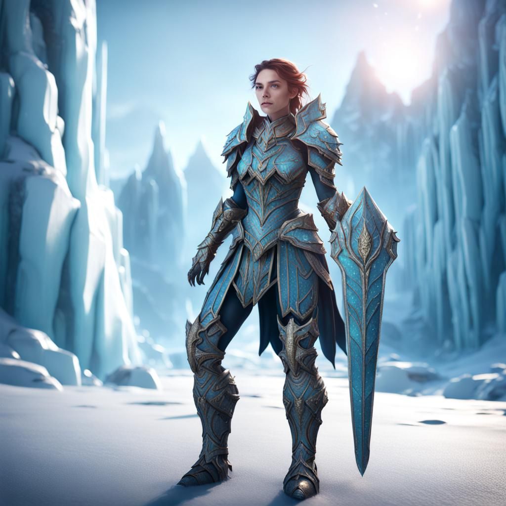 Armored Woman on Ice Mountain: Fantasy Art