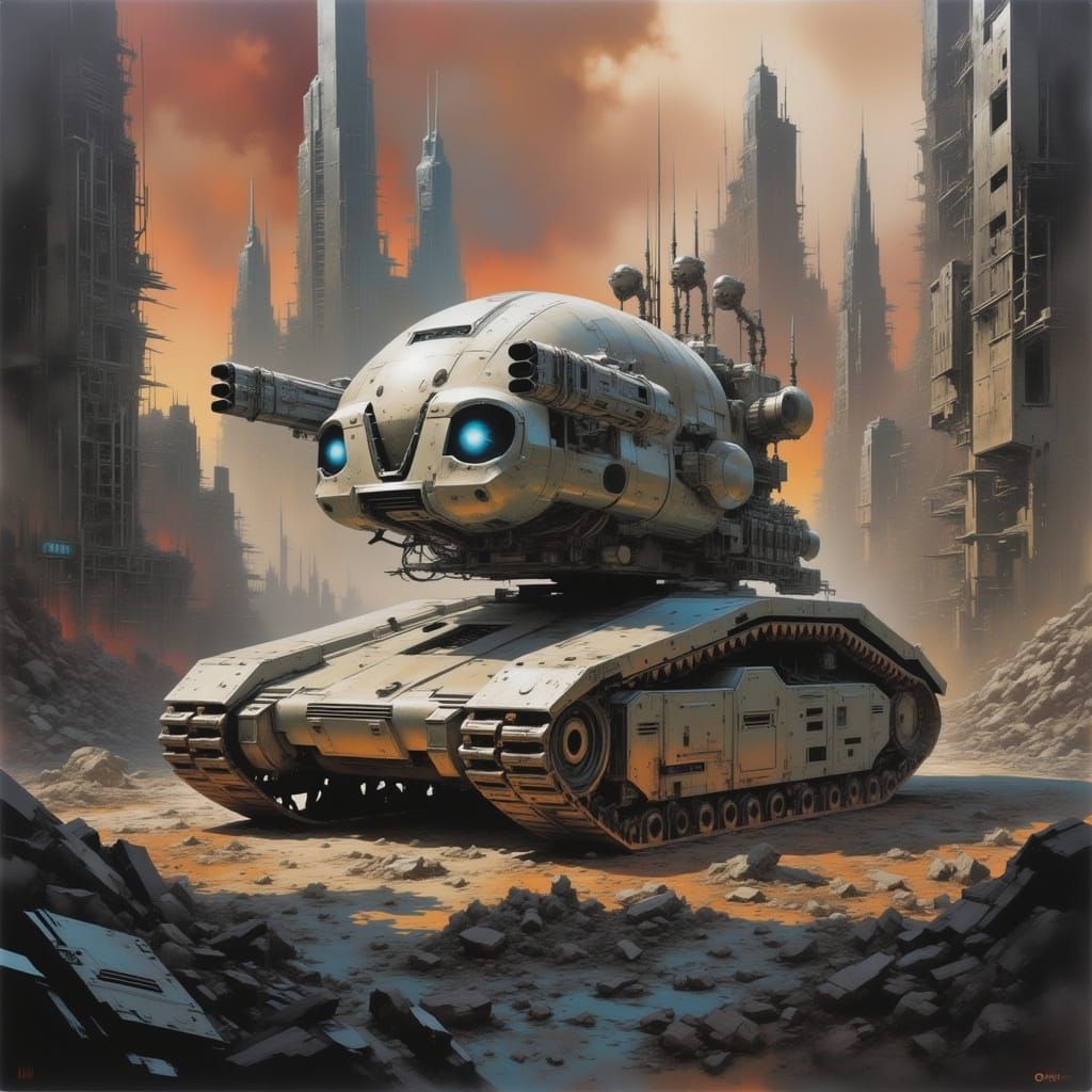 Armored Alien Vehicle in Dystopian Cityscape