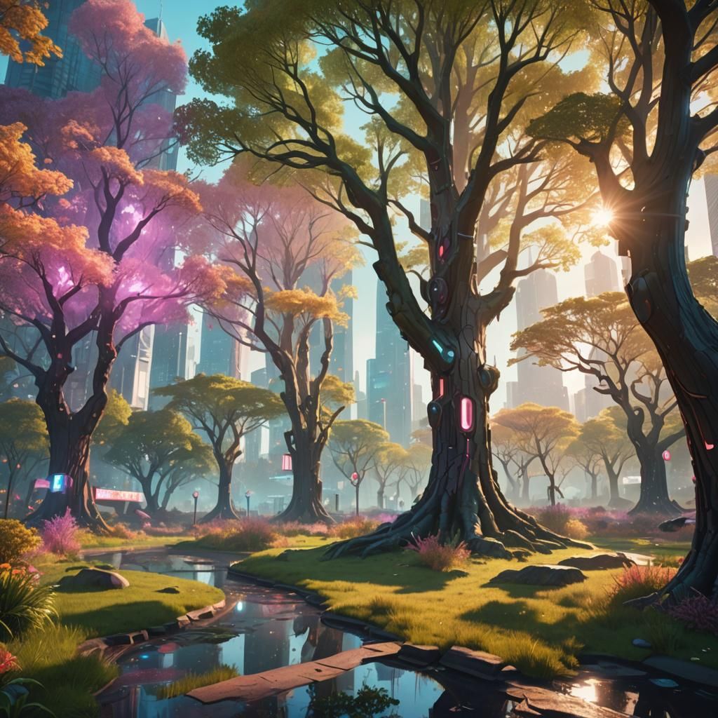 Futuristic City Park with Neon Lights: Digital Art