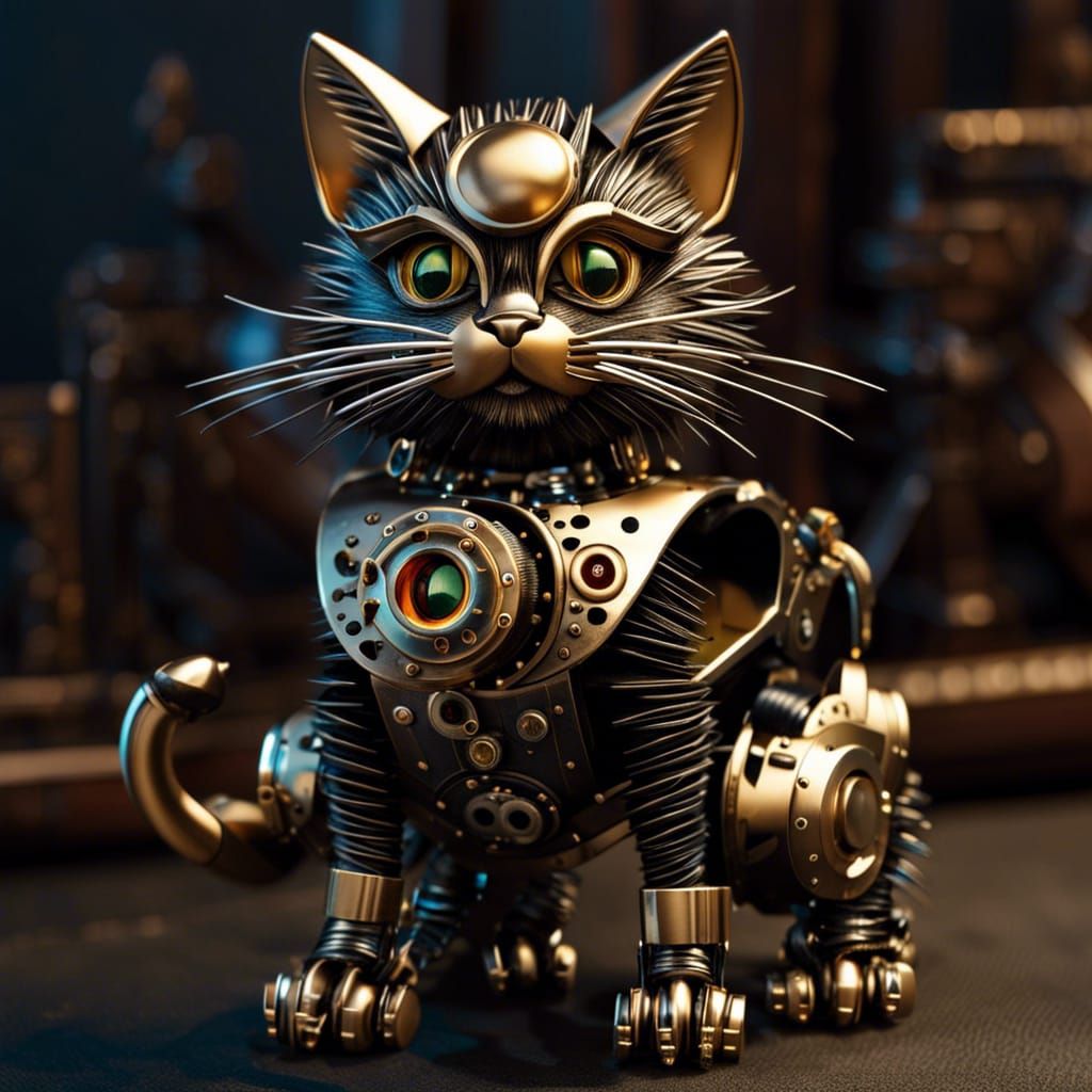 Steampunk Robot Cat with Fangs in Futuristic Style