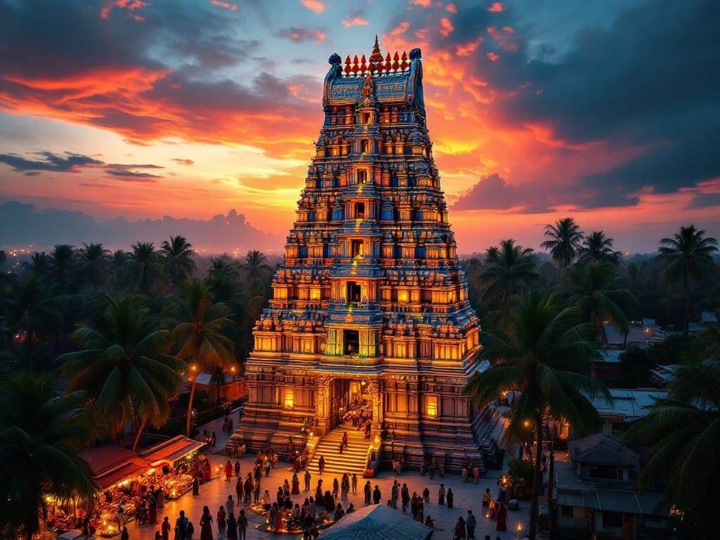 An aerial view of a majestic Dravidian temple