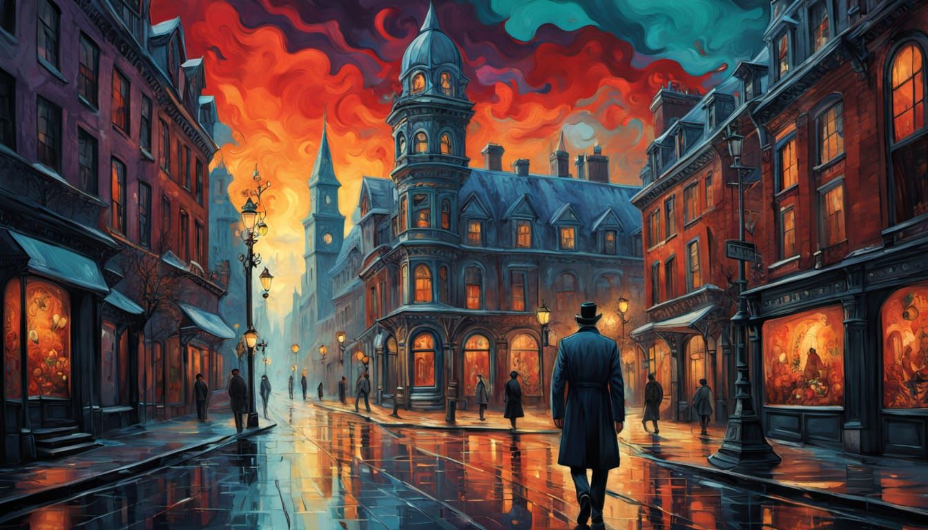 Surreal Victorian Christmas Street with Melting Clocks