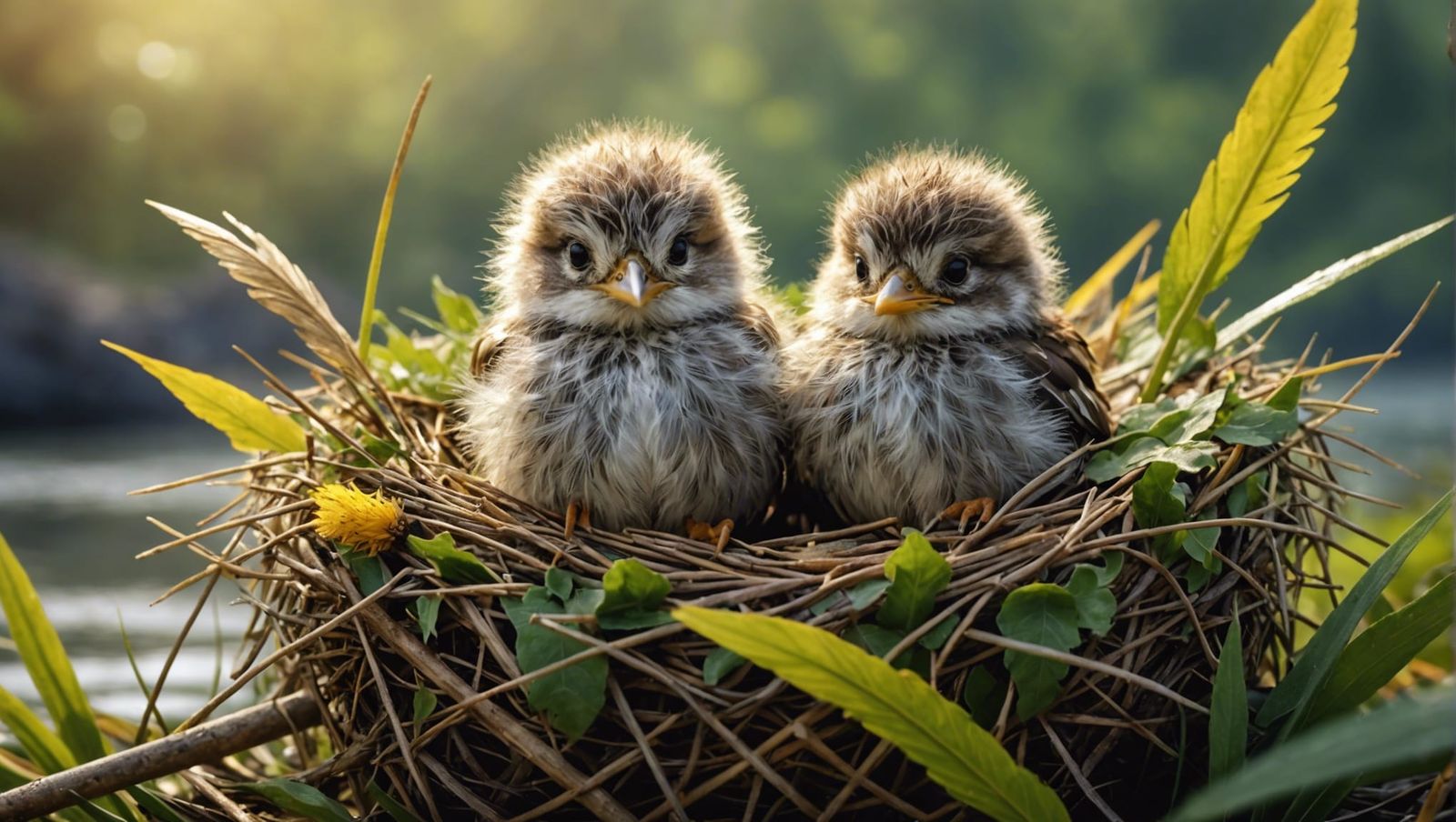 Dandelion Nest with Cute Baby Birds