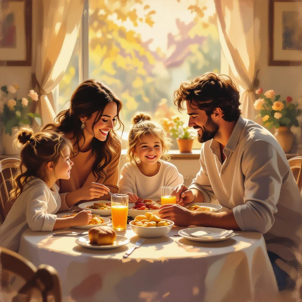 Family Meal in Golden Hour Light, French Impressionist Style