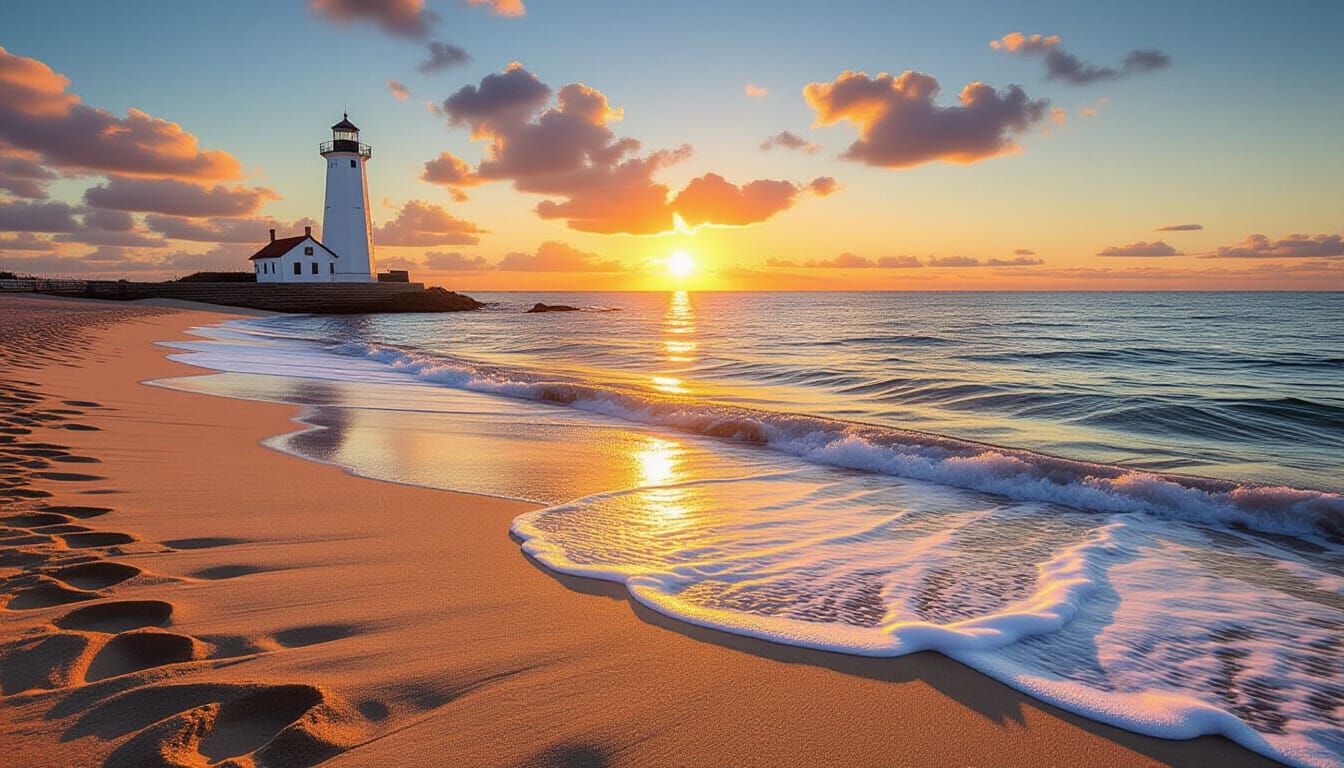 Beach Sunset with Lighthouse: Landscape Photography