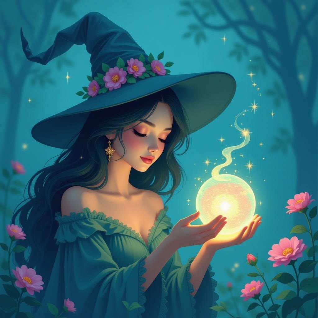 Luminous Witch Summons Glyphs in Dreamy Landscape