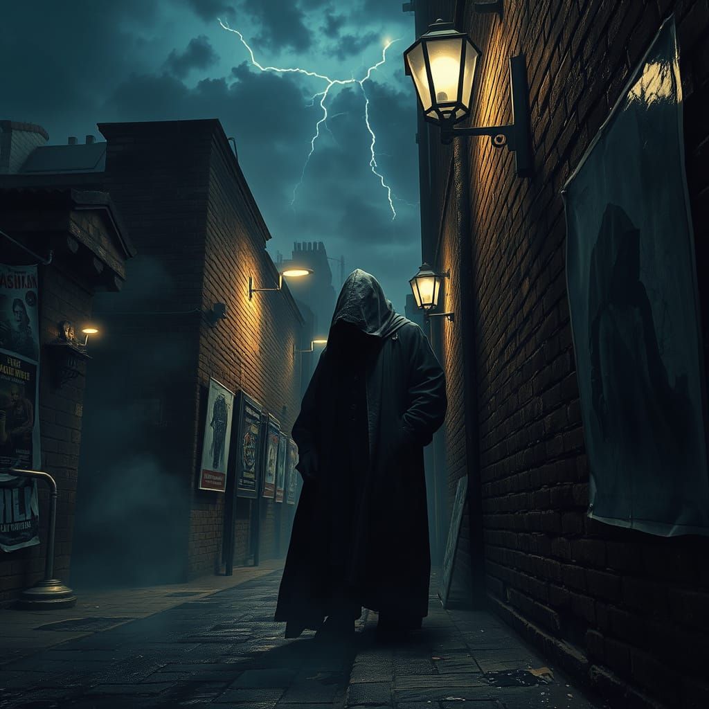 Dark Figure in Misty Alleyway: Photorealistic Style