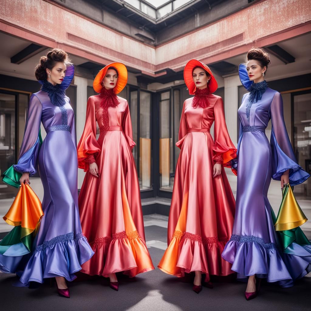 Rainbow Satin Gown with Flowing Sleeves