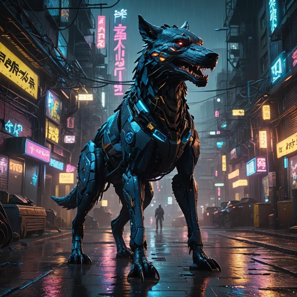 Cyberpunk Hybrid Creature in Rainy City Alley
