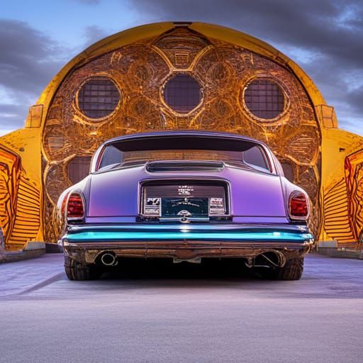 Slammed V8 Car with Gold Wheels and Psychedelic Background