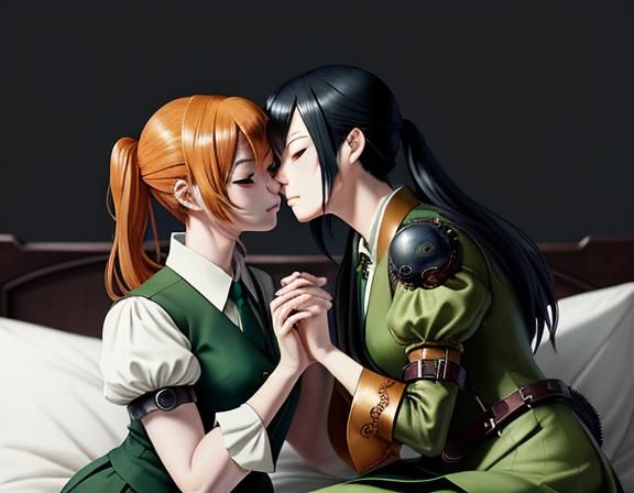 Kemono Twin Sisters Kissing in Steampunk Anime Style