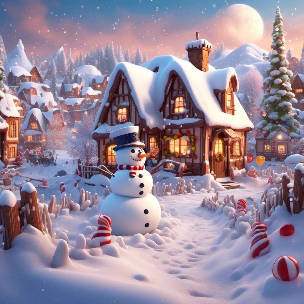 Snowman in Candy Village: 3D Fairytale Scene