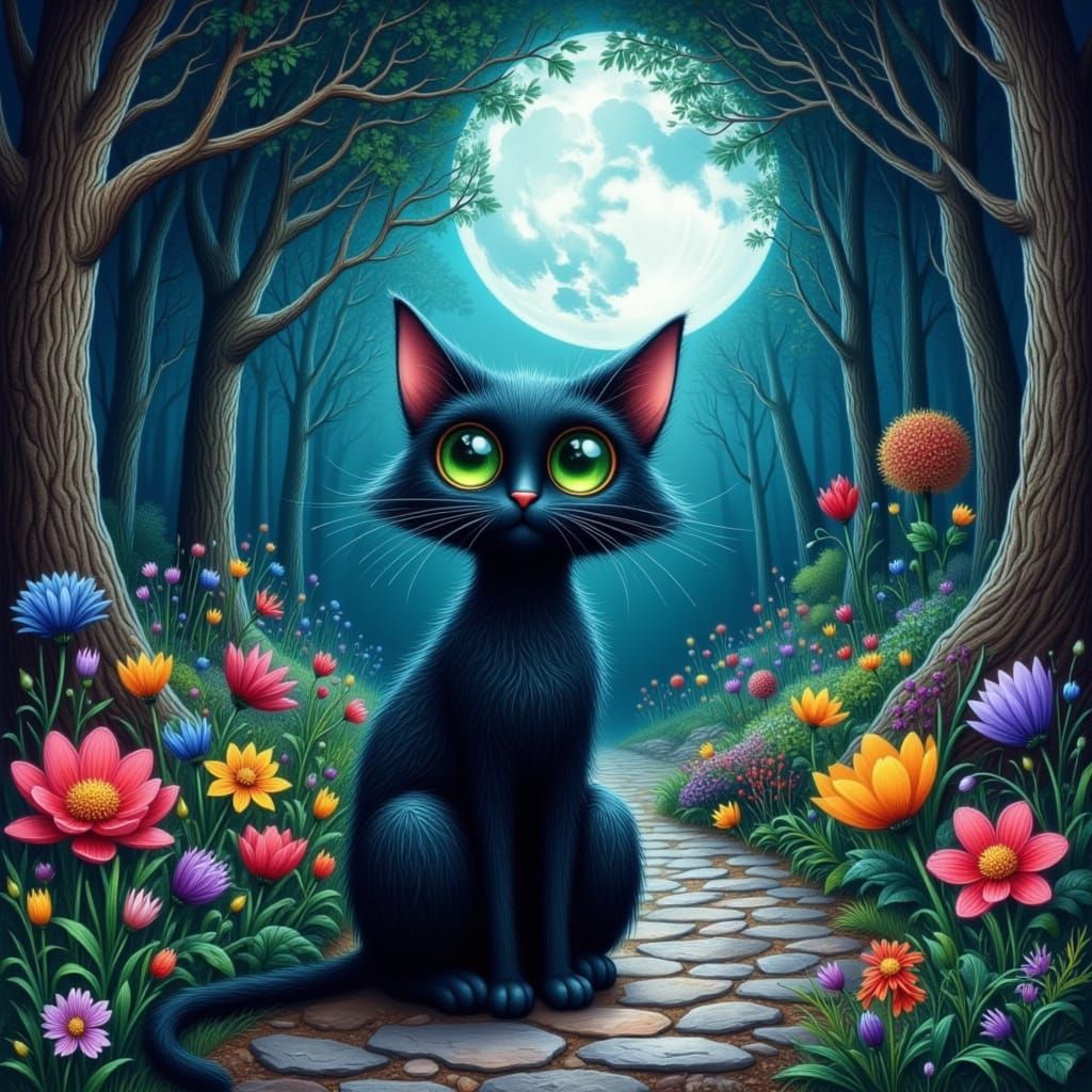 Black Cat in Enchanted Forest Watercolor