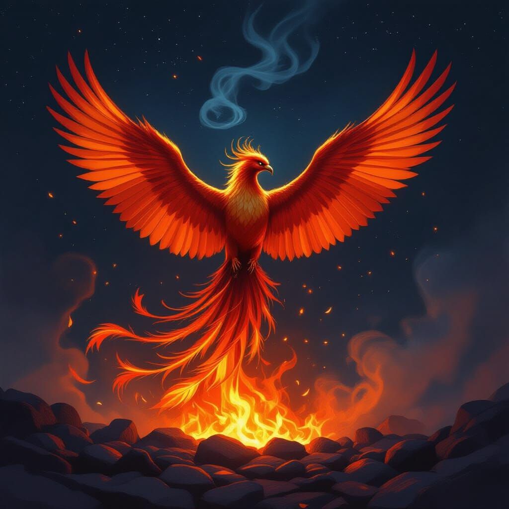 Majestic Phoenix Rising from Embers, Fiery Oranges and Reds