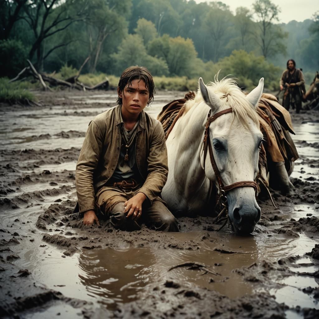 Dramatic Scene: White Horse and Native American Boy