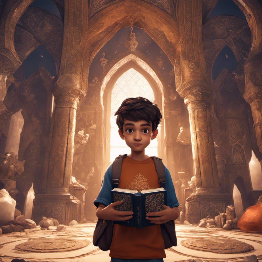 Cartoon Boy Student Holding Quran: Detailed Matte Painting