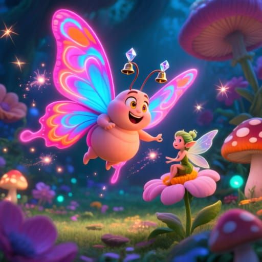 Whimsical Butterfly in Neon Colors in Magical Garden