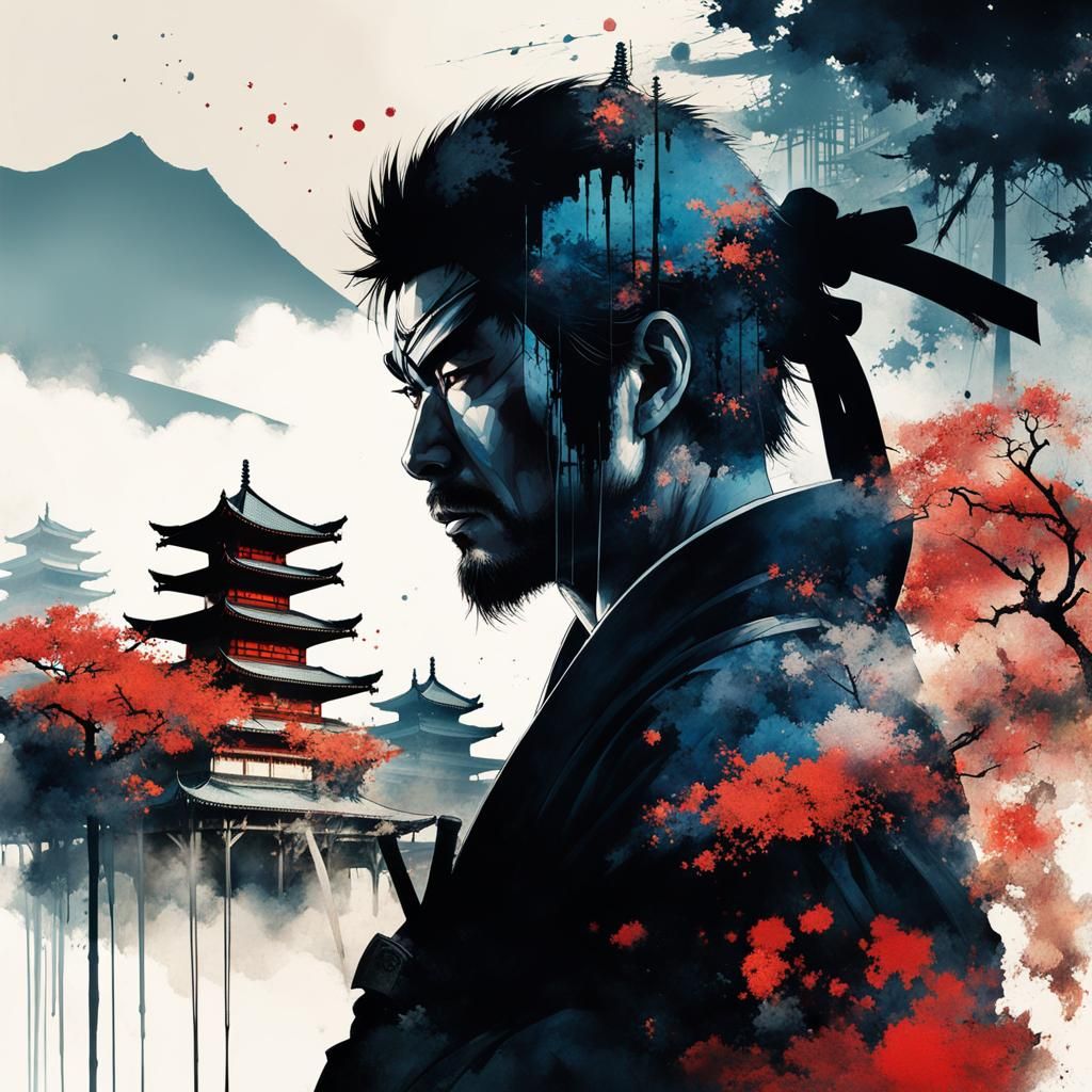 Samurai Ninja Double Exposure with Japanese Castle