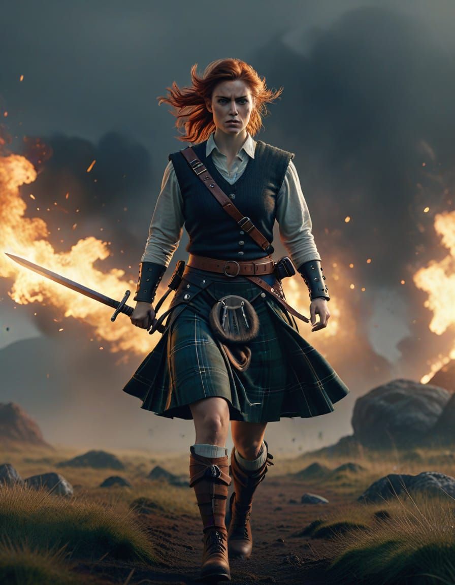 Gorgeous Scottish Warrior Woman Battles in a Dark, Dreamlike...